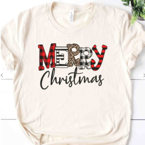 Tops - Plaid and Leopard Merry Christmas tee- Ivory